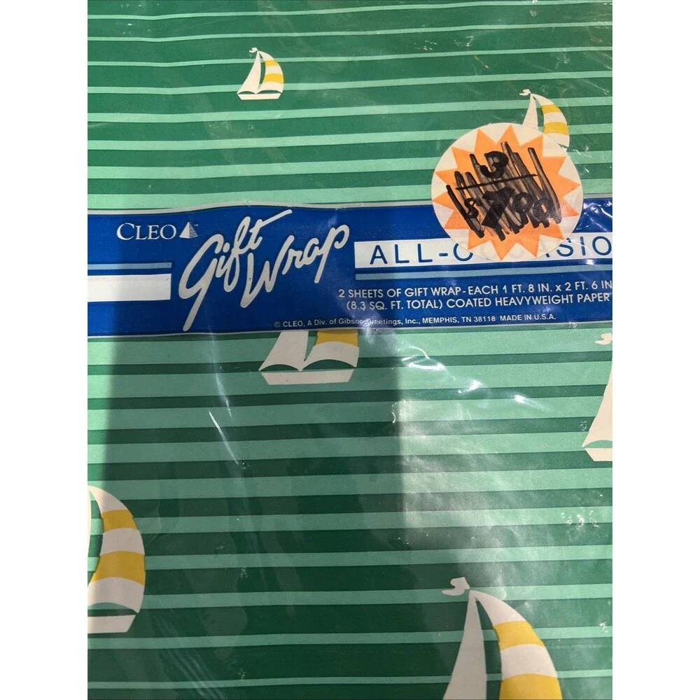 Vintage︱BOATS︱Gift Wrap︱CLEO︱2 Sheets 8.3 sq ft︱Green Boating Theme︱New in Pkg